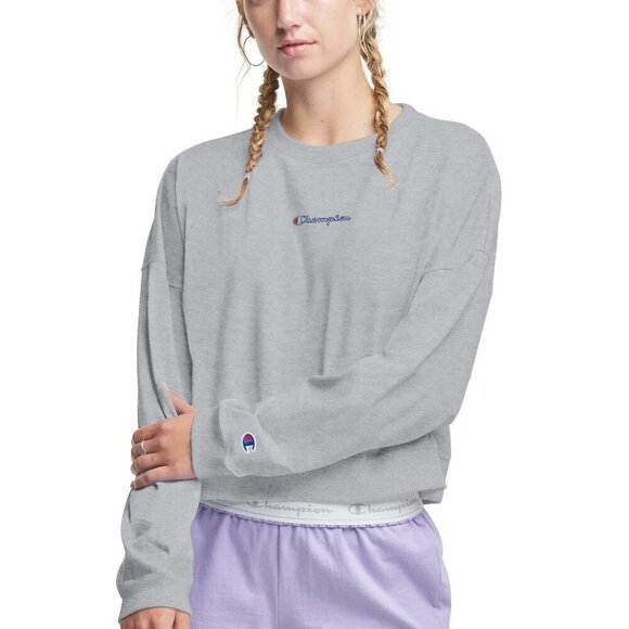 Champion XL Boxy Sweatshirt Women’s Short  Length Logos Heathered Gray Pullover - Picture 8 of 8